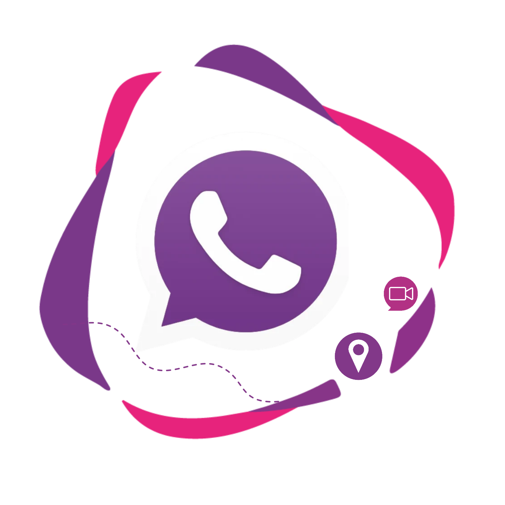 Image comprenant les logos whatsapp, zoom et position dans des tons roses et violets assortis au logo de Yemima Life Coach.